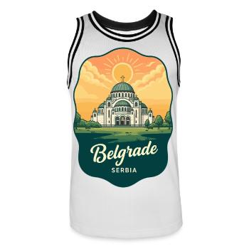 Belgrader Saint Sava Retro Sonnenuntergangs-Reiseabzeichen - Männer Basketball-Trikot - Weiß/Schwarz - Vorne - AI Model Male 185 dark (185cm)