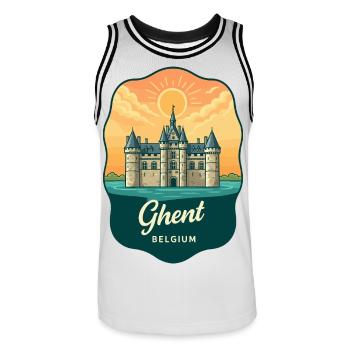 Retro-Sonnenuntergangsabzeichen des Schlosses Gravensteen Gent - Männer Basketball-Trikot - Weiß/Schwarz - Vorne - AI Model Male 185 dark (185cm)