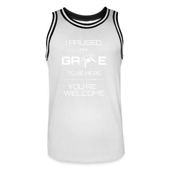 I paused my game to be here - white - Men's Basketball Jersey - white/black - Front - AI Model Male 185 dark (185cm)