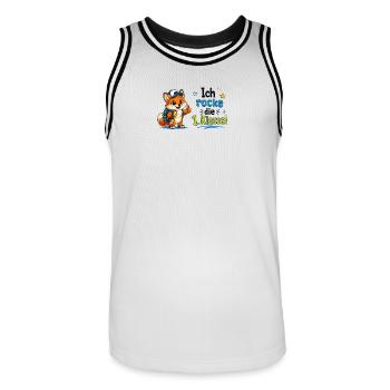 Ich rocke die 1. Klasse Fuchs - Männer Basketball-Trikot - Weiß/Schwarz - Vorne - AI Model Male 185 dark (185cm)
