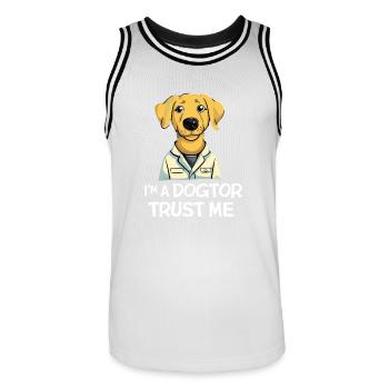 Happy Labradoodle as "Dogtor" - Men's Basketball Jersey - white/black - Front - AI Model Male 185 dark (185cm)