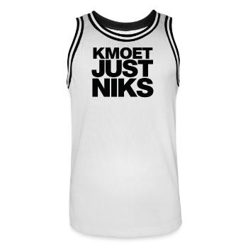 KMOET Just Niks Typografie T-Shirt - Männer Basketball-Trikot - Weiß/Schwarz - Vorne - AI Model Male 185 dark (185cm)