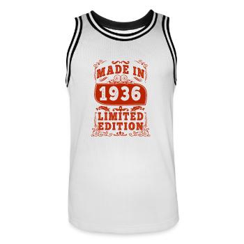 1936 Geburtstag 1936 Jahrgang 1936 Geburtstag - Männer Basketball-Trikot - Weiß/Schwarz - Vorne - AI Model Male 185 dark (185cm)