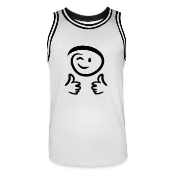 Face winks, shows two thumbs up. Emoticon. - Men's Basketball Jersey - white/black - Front - AI Model Male 185 dark (185cm)
