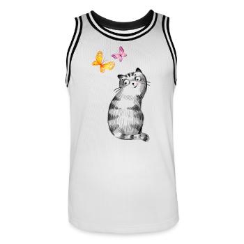 Chat aux papillons – Conception de croquis - Maillot de basket Homme - blanc/noir - Devant - AI Model Male 185 dark (185cm)