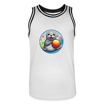 Lachender Seehund Robbe mit buntem Ball - Männer Basketball-Trikot - Weiß/Schwarz - Vorne - AI Model Male 185 dark (185cm)