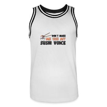 Japanese Food Lover Don ́t Make Me Use Voice Sushi - Men's Basketball Jersey - white/black - Front - AI Model Male 185 dark (185cm)