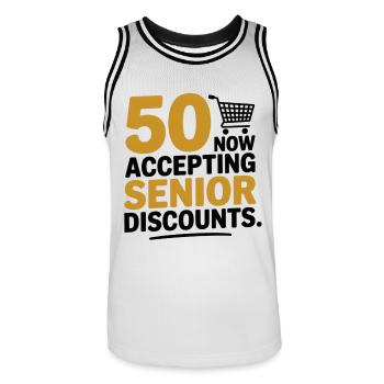 50 Senior Discounts Now Accepting Funny - Men's Basketball Jersey - white/black - Front - AI Model Male 185 dark (185cm)