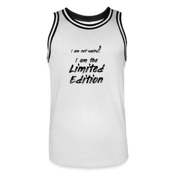 not weird -> Limited Edition - Men's Basketball Jersey - white/black - Front - AI Model Male 185 dark (185cm)