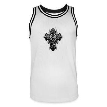 Geometrisches Kreuz mit Rose und Blätter - Männer Basketball-Trikot - Weiß/Schwarz - Vorne - AI Model Male 185 dark (185cm)