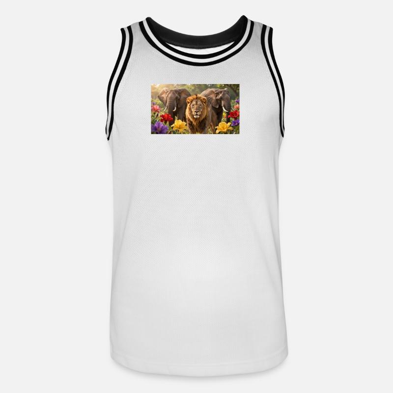 Des lions et des éléphants dans le champ de fleurs - Maillot de basket Homme - blanc/noir