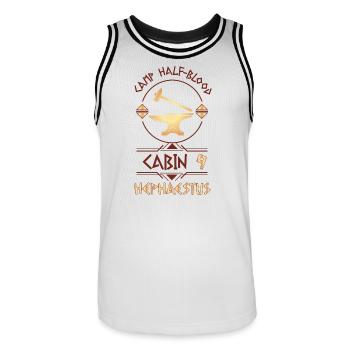 Cabin #9 in Camp Half Blood, Child of Hephaestus - Men's Basketball Jersey - white/black - Front - AI Model Male 185 dark (185cm)