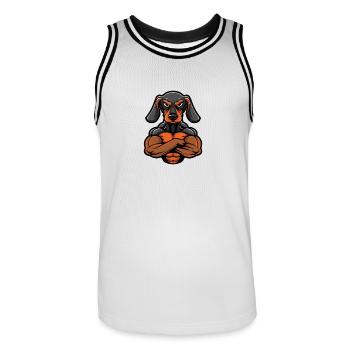 Dachshund Hund Muskeln Bodybuilding Dackel - Männer Basketball-Trikot - Weiß/Schwarz - Vorne - AI Model Male 185 dark (185cm)
