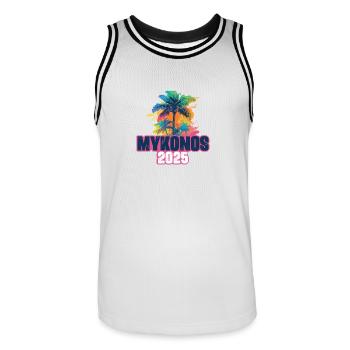 Mykonos 2025 Palmiers de vacances - Maillot de basket Homme - blanc/noir - Devant - AI Model Male 185 dark (185cm)