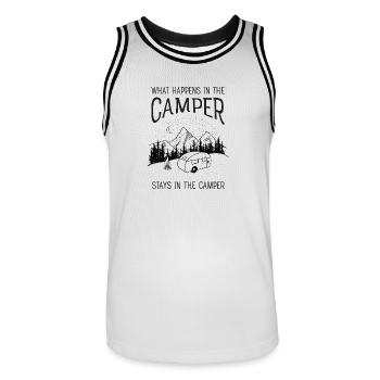 What Happens In The Camper Stays In The Camper - Men's Basketball Jersey - white/black - Front - AI Model Male 185 dark (185cm)