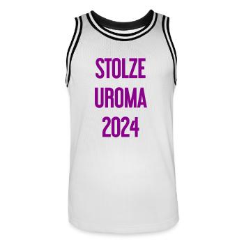 Stolze Uroma 2024 - Männer Basketball-Trikot - Weiß/Schwarz - Vorne - AI Model Male 185 dark (185cm)