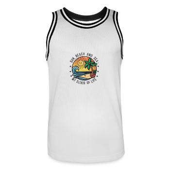 Le soleil, la plage et la mer - mon élixir de vie - Maillot de basket Homme - blanc/noir - Devant - AI Model Male 185 dark (185cm)