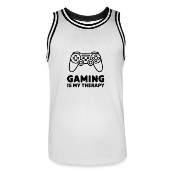 Gaming is my Therapy – Minimalist Controller - Men's Basketball Jersey - white/black - Front - AI Model Male 185 dark (185cm)