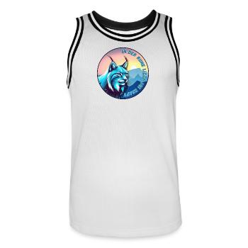 Luchs bei Sonnenuntergang – Ruhe und Kraft - Männer Basketball-Trikot - Weiß/Schwarz - Vorne - AI Model Male 185 dark (185cm)