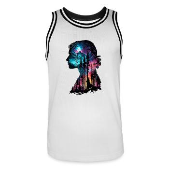 Silhouette / Wald / Porträt / Bäume / Person - Männer Basketball-Trikot - Weiß/Schwarz - Vorne - AI Model Male 185 dark (185cm)