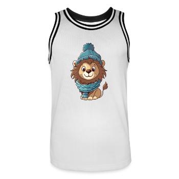 Niedlicher Löwe mit Schal und Pudelmütze. - Männer Basketball-Trikot - Weiß/Schwarz - Vorne - AI Model Male 185 dark (185cm)