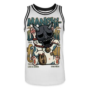 Maneki Oni Japanese Cat Streetwear Art Anime Kawai - Men's Basketball Jersey - white/black - Front - AI Model Male 185 dark (185cm)