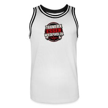 Trainieren. Essen. Wiederholen. – Fitness - Männer Basketball-Trikot - Weiß/Schwarz - Vorne - AI Model Male 185 dark (185cm)