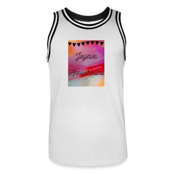 BIRTHDAY,HAPPY BIRTHDAY,HAPPY BIRTHDAY - Men's Basketball Jersey - white/black - Front - AI Model Male 185 dark (185cm)