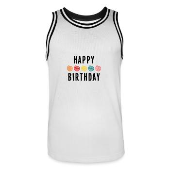 HAPPY BIRTHDAY. HAPPY BIRTHDAY. ANNIVERSARY. - Men's Basketball Jersey - white/black - Front - AI Model Male 185 dark (185cm)