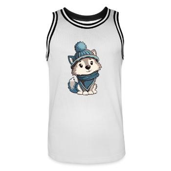 Loup mignon avec écharpe et chapeau à pompon. - Maillot de basket Homme - blanc/noir - Devant - AI Model Male 185 dark (185cm)
