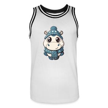 Hippopotame mignon avec écharpe et chapeau à pompon. - Maillot de basket Homme - blanc/noir - Devant - AI Model Male 185 dark (185cm)