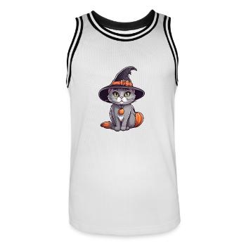 Mignon chat d’Halloween avec chapeau de sorcière. - Maillot de basket Homme - blanc/noir - Devant - AI Model Male 185 dark (185cm)