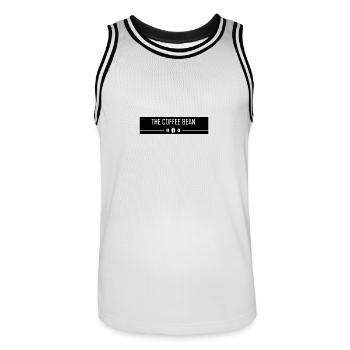 The Coffee Bean slogan - Men's Basketball Jersey - white/black - Front - AI Model Male 185 dark (185cm)