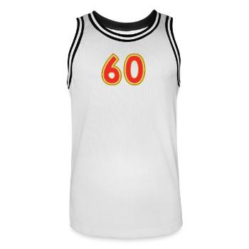 60. 60 JAHRE. 60-JÄHRIGES JUBILÄUM. 60. GEBURTSTAG. - Männer Basketball-Trikot - Weiß/Schwarz - Vorne - AI Model Male 185 dark (185cm)