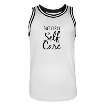 Mais d’abord les soins personnels - Maillot de basket Homme - blanc/noir - Devant - AI Model Male 185 dark (185cm)