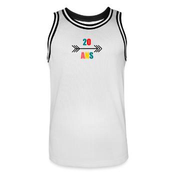 20. 20th ANNIVERSARY. 20 YEARS ANNIVERSARY. 20 YEARS. - Men's Basketball Jersey - white/black - Front - AI Model Male 185 dark (185cm)