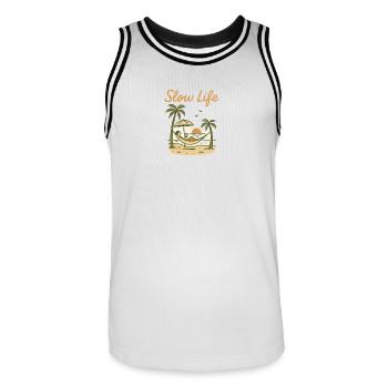 Slow Life Hammock at sunset - Men's Basketball Jersey - white/black - Front - AI Model Male 185 dark (185cm)