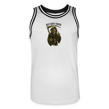Old School Mäher – BIS BALD - Männer Basketball-Trikot - Weiß/Schwarz - Vorne - AI Model Male 185 dark (185cm)