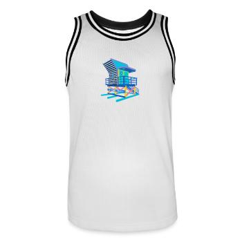 Beach Booth in Alicante - Men's Basketball Jersey - white/black - Front - AI Model Male 185 dark (185cm)