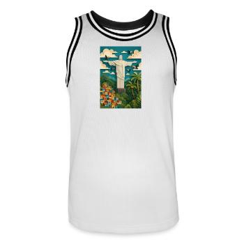 Christ the Redeemer Statue in Tropical Setting/Rio - Men's Basketball Jersey - white/black - Front - AI Model Male 185 dark (185cm)