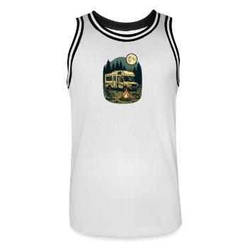 Nuit en forêt avec camping-car et feu de camp - Maillot de basket Homme - blanc/noir - Devant - AI Model Male 185 dark (185cm)