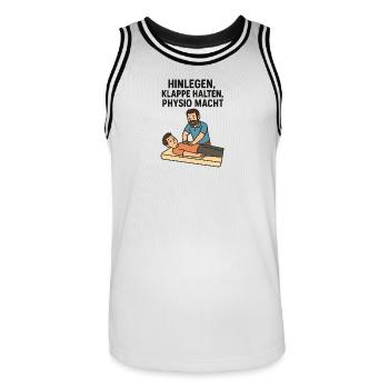 Lie down, shut up, physio POWER - Men's Basketball Jersey - white/black - Front - AI Model Male 185 dark (185cm)