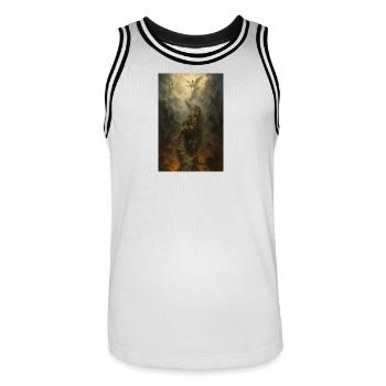 "The Path Between – Heaven, Hell and Human Fear" - Männer Basketball-Trikot - Weiß/Schwarz - Vorne - AI Model Male 185 dark (185cm)