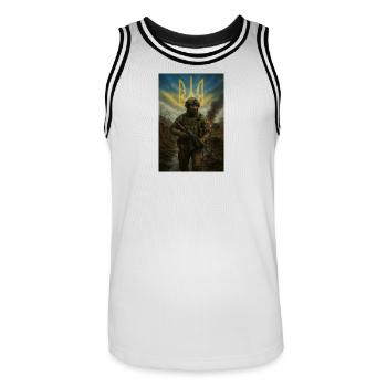 Warrior with Ukraine-inspired flag and emblem - Men's Basketball Jersey - white/black - Front - AI Model Male 185 dark (185cm)