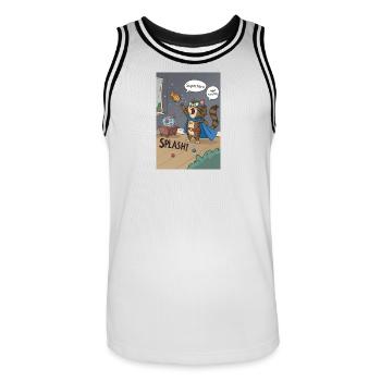 Superhero Cat Splash — Regretful Goldfish Saga - Men's Basketball Jersey - white/black - Front - AI Model Male 185 dark (185cm)
