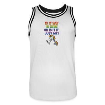 Frange arc-en-ciel humoristique avec thème LGBTQ - Maillot de basket Homme - blanc/noir - Devant - AI Model Male 185 dark (185cm)