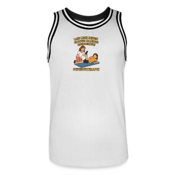Humorous physio saying in cartoon design - Men's Basketball Jersey - white/black - Front - AI Model Male 185 dark (185cm)