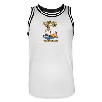 Humorous physiotherapy saying - Men's Basketball Jersey - white/black - Front - AI Model Male 185 dark (185cm)