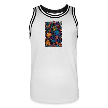Art numérique coloré avec des motifs Bitcoin - Maillot de basket Homme - blanc/noir - Devant - AI Model Male 185 dark (185cm)