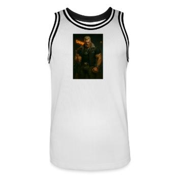 Mechanischer Biker – Blonder Krieger mit Feuerblick - Männer Basketball-Trikot - Weiß/Schwarz - Vorne - AI Model Male 185 dark (185cm)